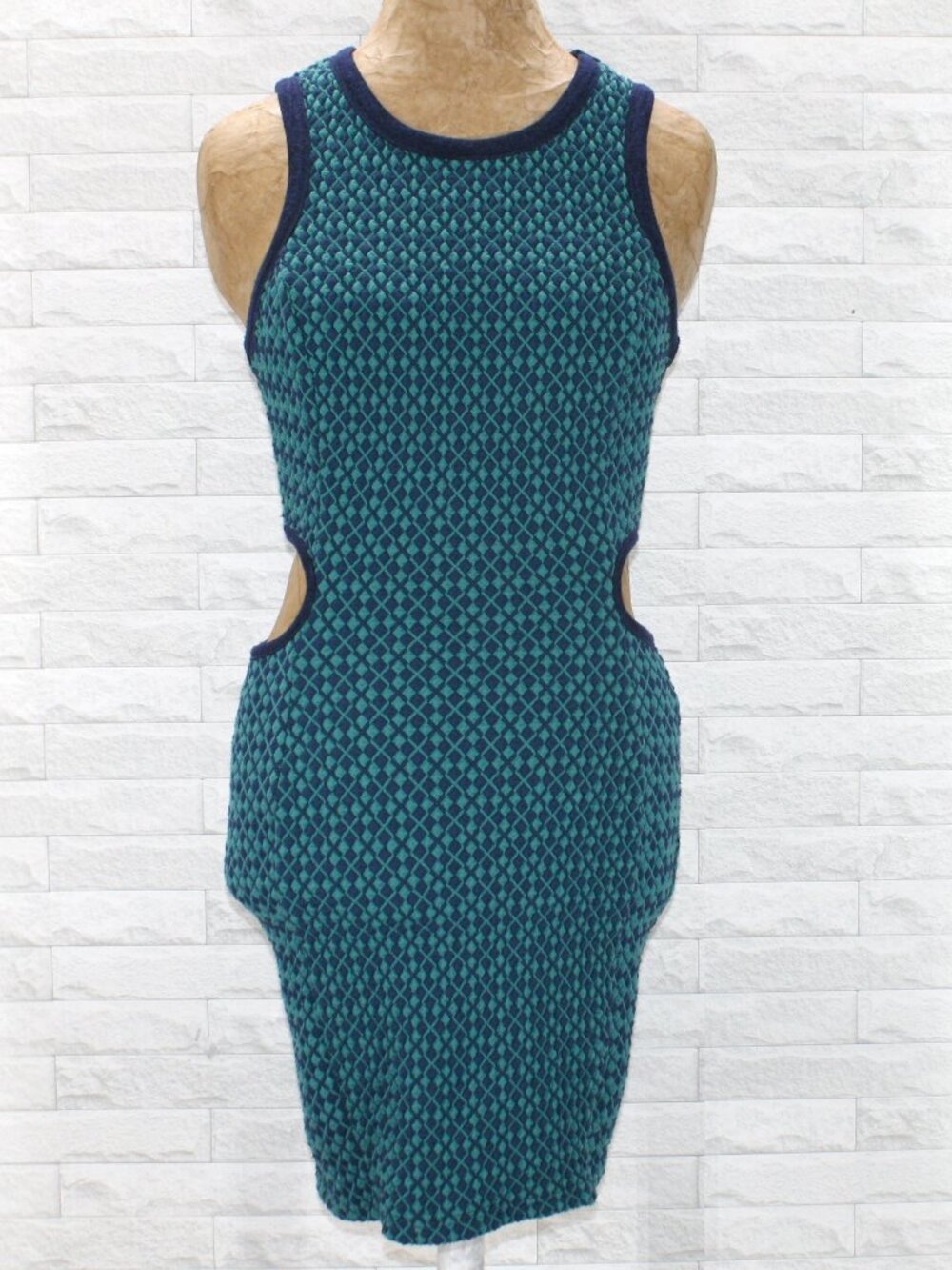 ANIINA Dress Cut Out Mini Geometric Diamond Bodycon Party Fitted Blue Teal Small